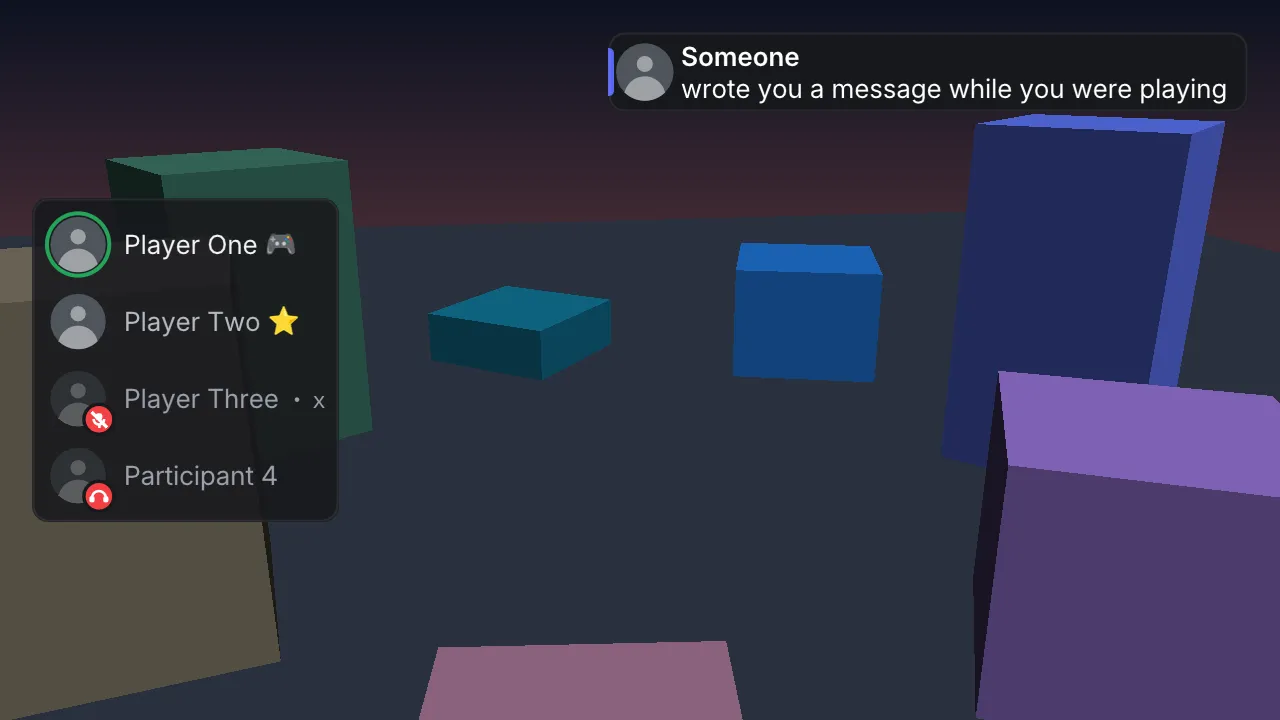 Voice channel panel and a direct message drawn inside a 3D game scene